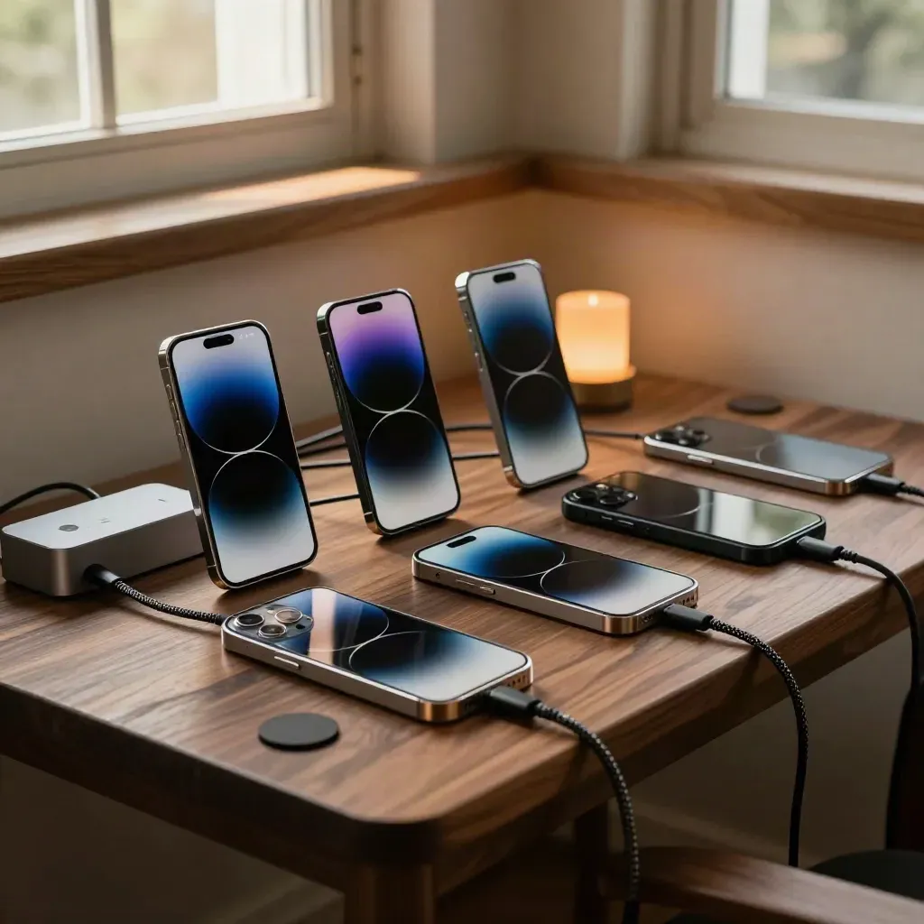 Four flagship phones on a bench, one waking first beside cables and thermal pads.