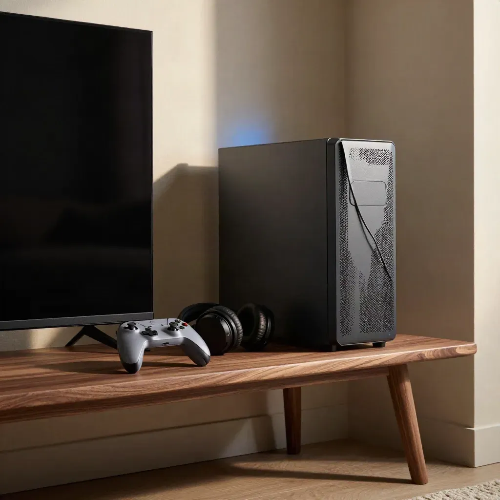 Gaming console and desktop tower powering up on a matte shelf beside a dark TV in a warm media room.