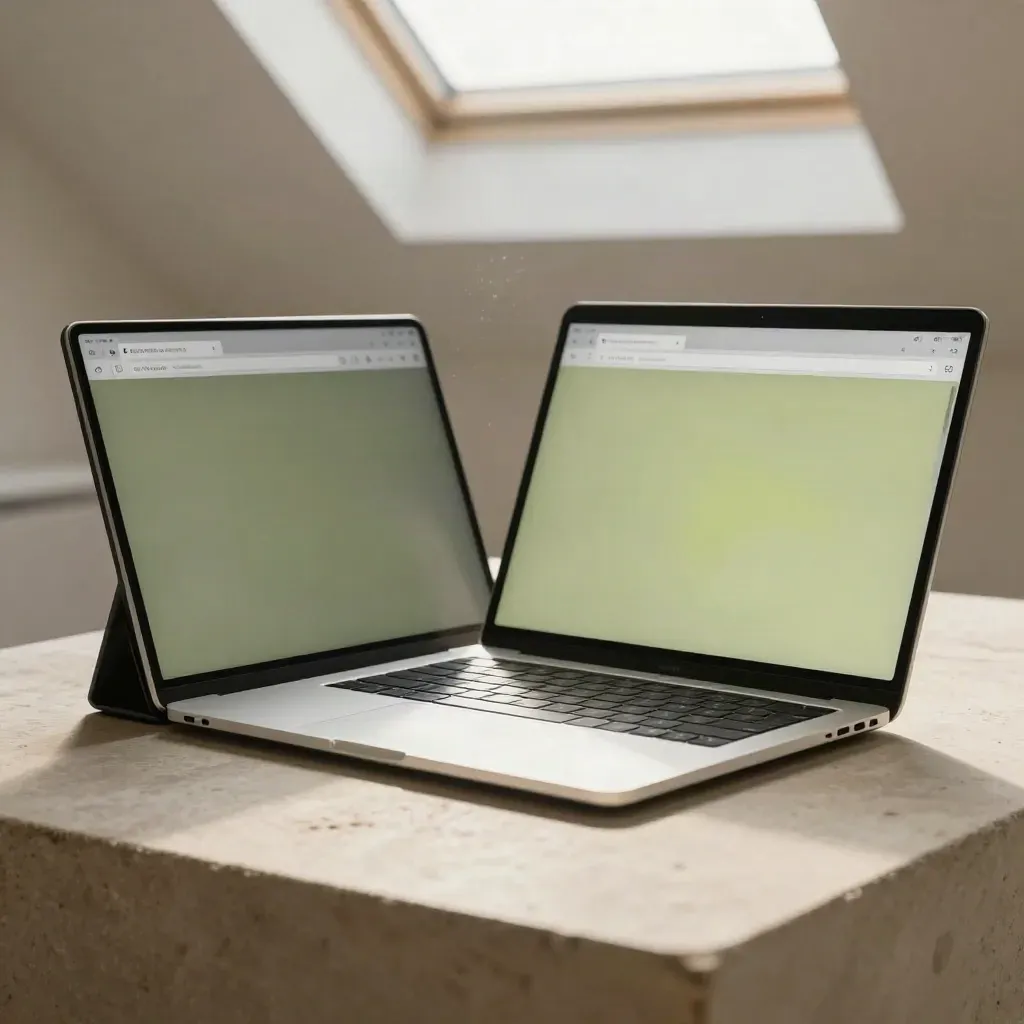Oblique close-up of a laptop and tablet glowing under a skylight