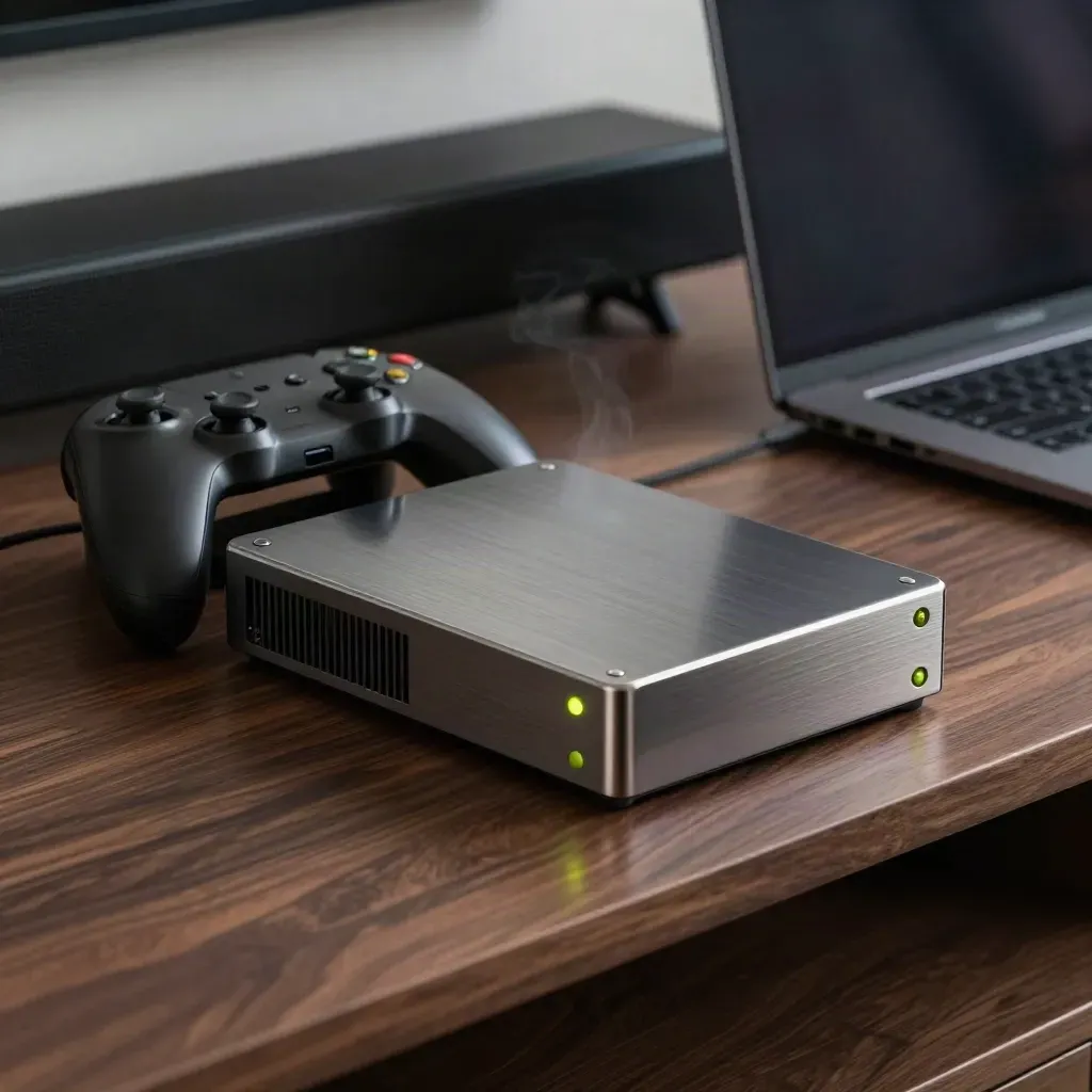 SSD, game console, controller and laptop on a media console with lime load light